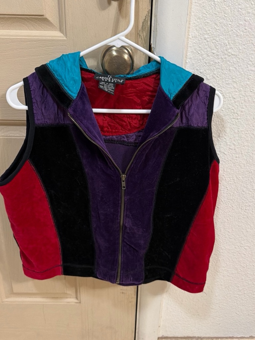 Vintage Carole Little Sport Colorblock Hooded Vest - Teal, Purple, Black, Red